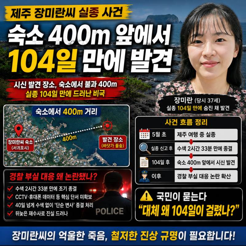 제주 장미란씨 실종 사건｜숙소 400m 앞에서 104일 만에 발견, 경찰 부실 대응 왜 논란됐나