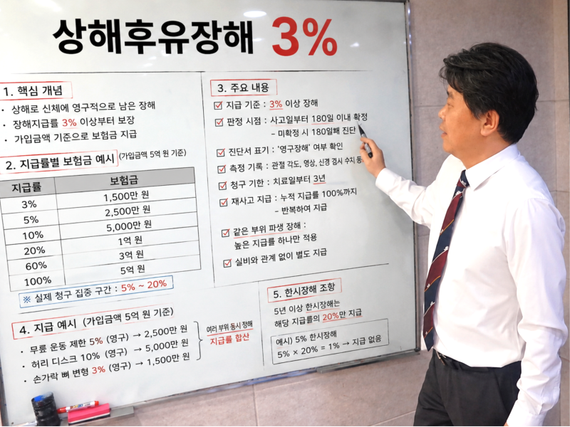 상해후유장해 3% 특약 5억 한도가 월 1만원, 지급률로 계산하는 보험금