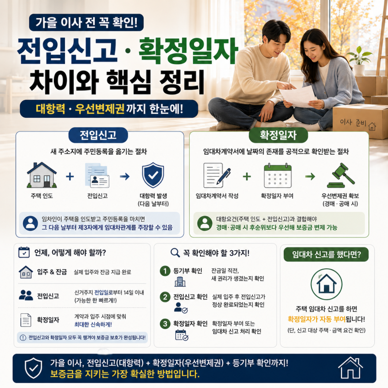 가을 이사 전 꼭 확인할 전입신고·확정일자 차이…대항력·우선변제권까지 정리