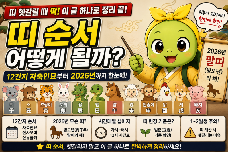 띠 순서 어떻게 될까? 12지간 띠 자축인묘부터 2026년 말띠까지 한눈에