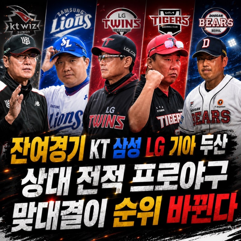 프로야구 잔여경기 KT 삼성 엘지 기아 두산 맞대결 상대 전적이 순위 바꾼다.