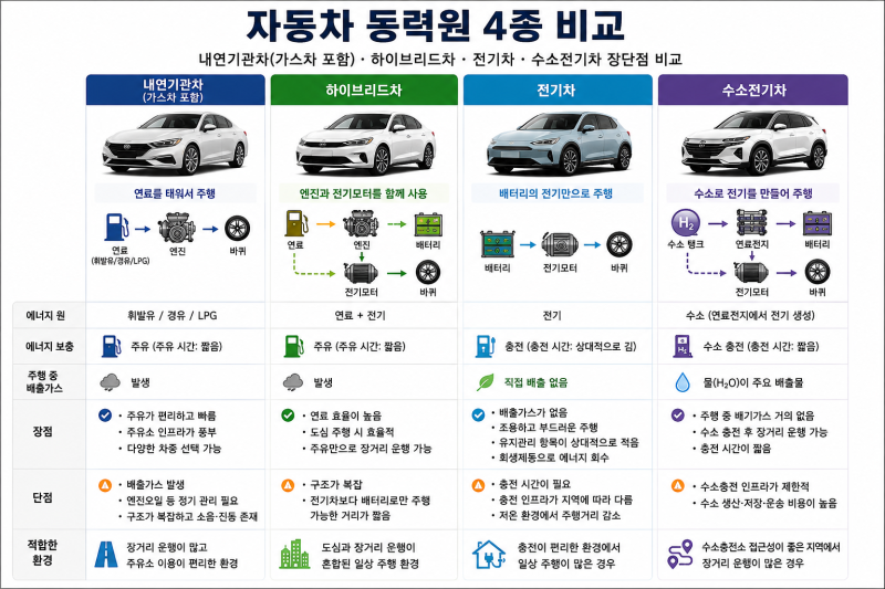 내연기관차부터 하이브리드·전기차·수소차까지 장단점 비교