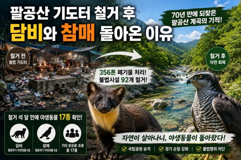 팔공산 70년 불법 기도터 철거했더니…담비·참매 포함 야생동물 17종 돌아왔다
