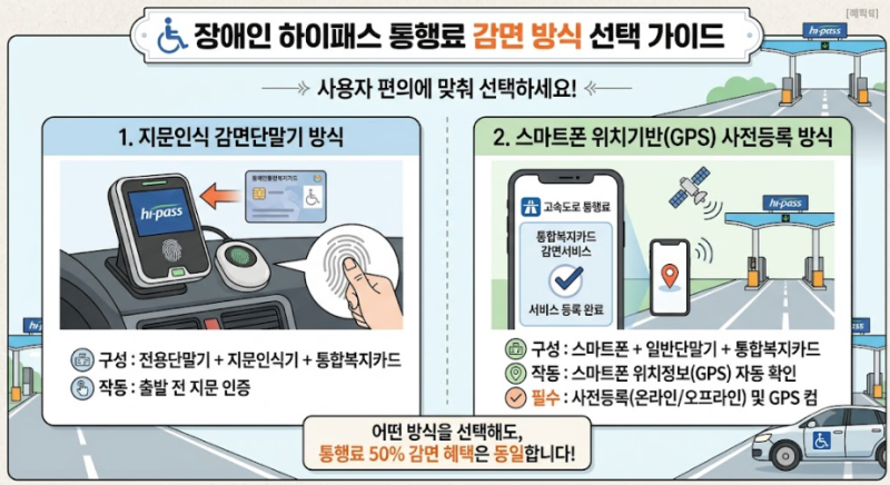 장애인 하이패스 통행료 감면 방식은 '지문인식 감면단말기'와 '스마트폰 위치기반(GPS) 사전....