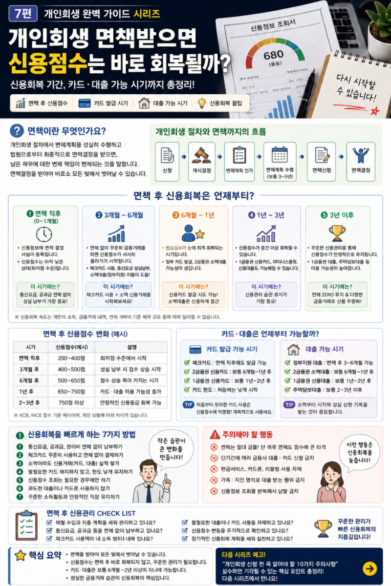 # 개인회생 면책받으면 신용점수 바로 회복될까? 카드·대출은 언제 가능할까? 2026년 총정리
