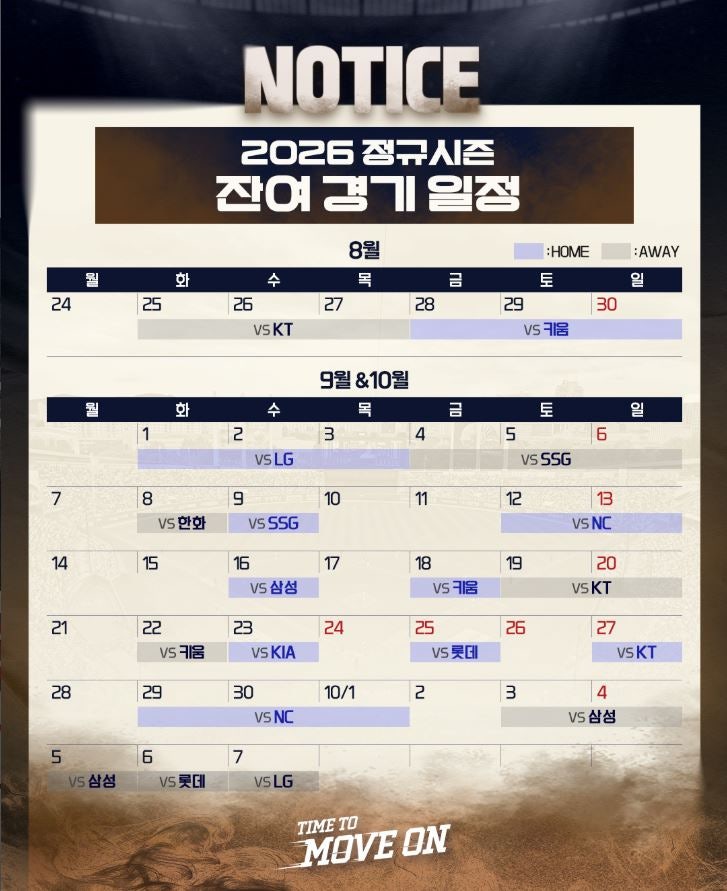 두산베어스 잔여경기 일정(9월~10월)
