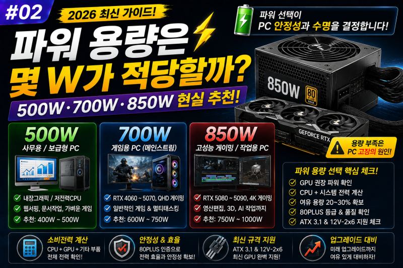 [파워서플라이] #02 2026 컴퓨터 파워 용량 추천 500W·700W·850W 몇 W가 적당할까?