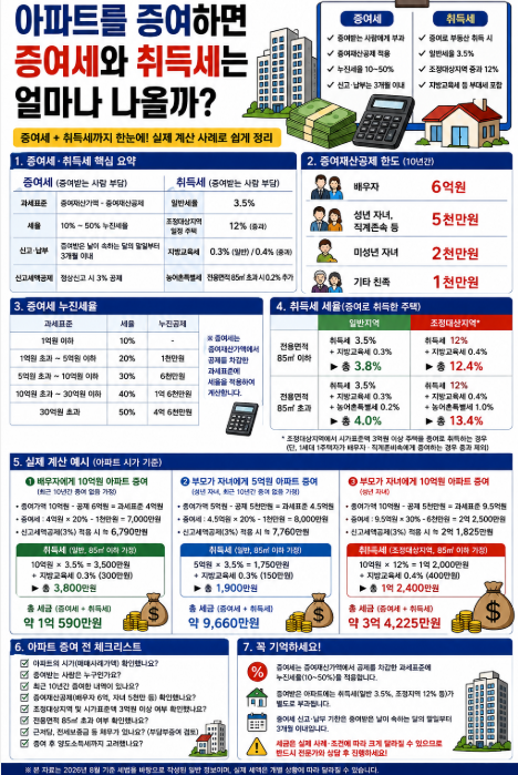 아파트를 증여하면 증여세와 취득세는 얼마나 나올까? 배우자·자녀 증여 계산 총정리