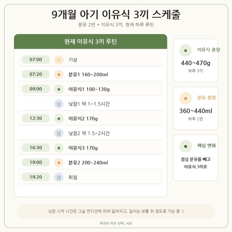 9개월 아기 이유식 3끼 스케줄, 분유 2번으로 줄인 하루 루틴