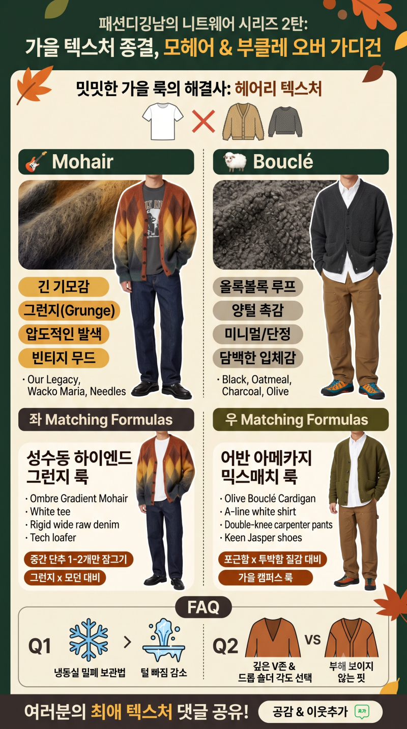 남자 모헤어 가디건 부클레 코디, 2026 가을 오버핏 니트 질감 종결