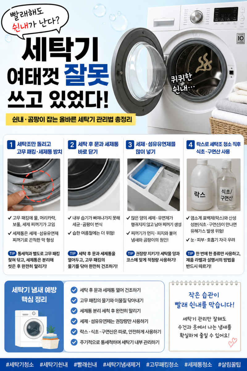 빨래해도 쉰내 나는 이유? 세탁기 고무패킹·세제통 관리법 총정리