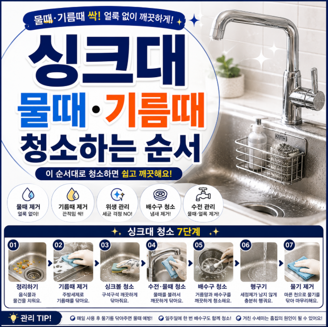 싱크대 물때·기름때 청소하는 순서, 얼룩 없이 관리하는 법