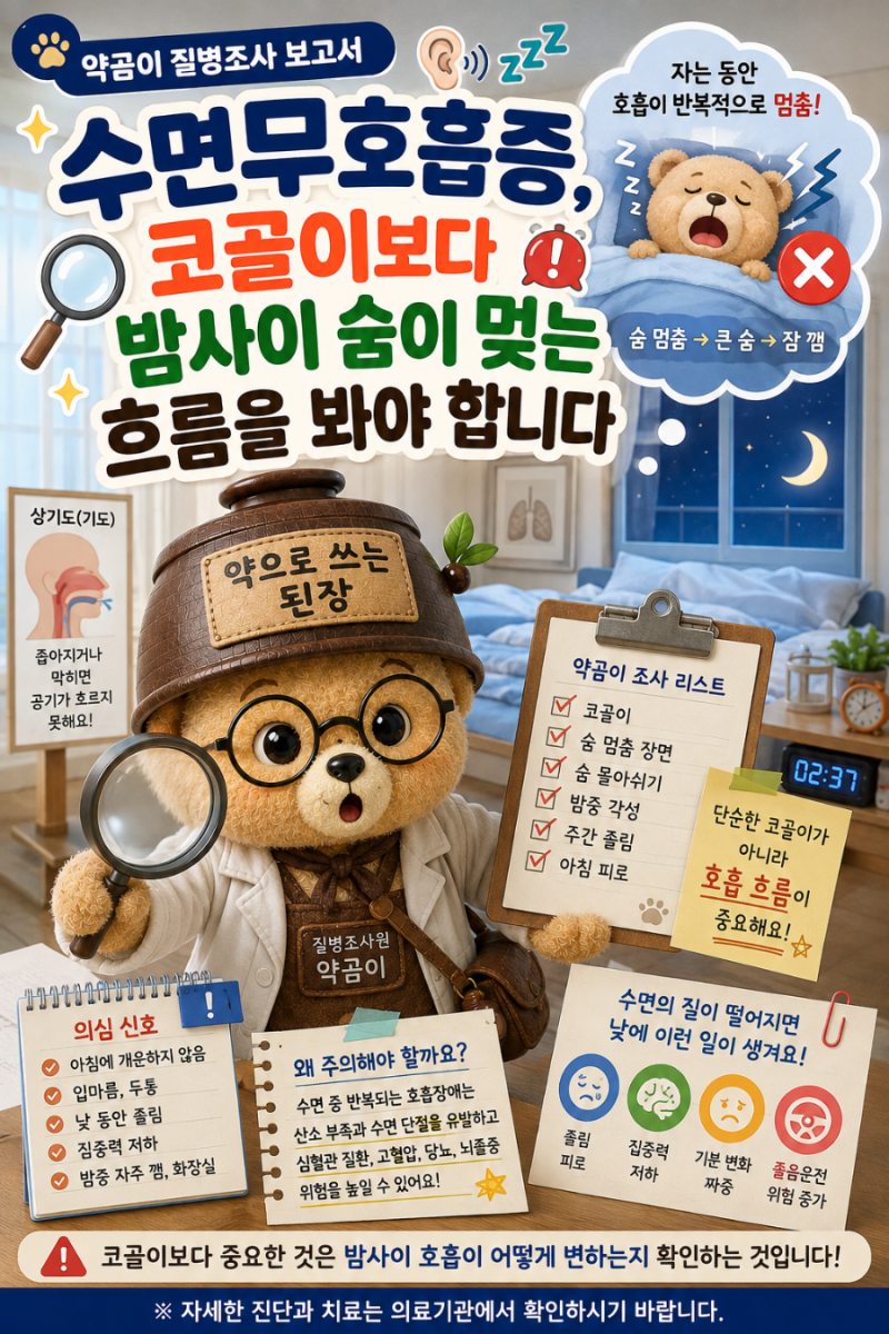 수면무호흡증, 코골이보다 밤사이 숨이 멎는 흐름을 봐야 합니다