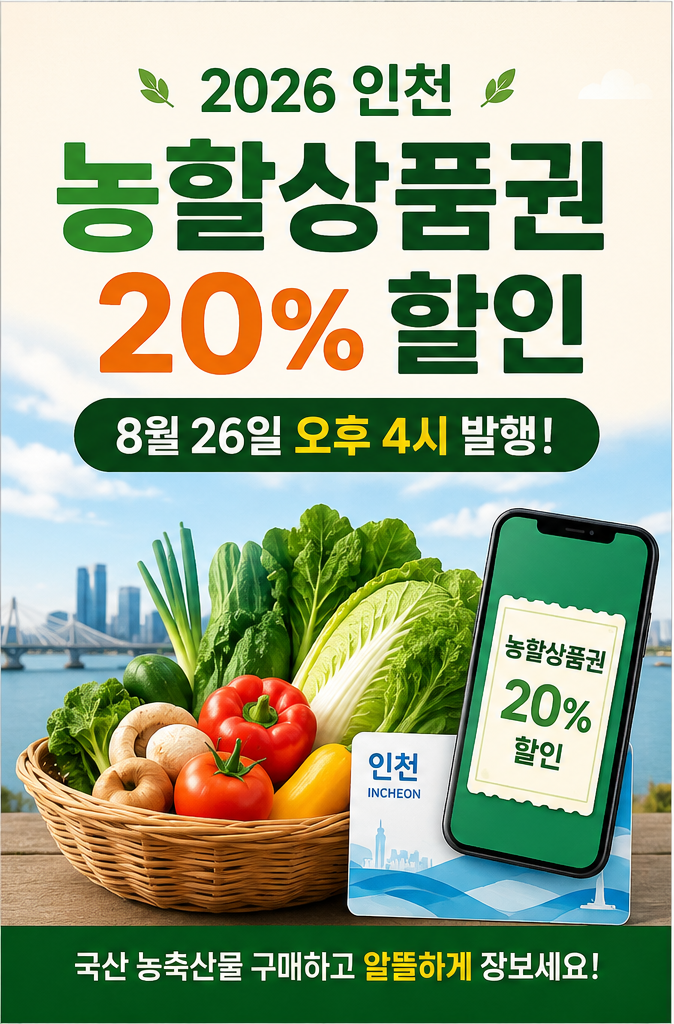 2026 인천 농할상품권 20% 할인, 8월 26일 오후 4시 발행