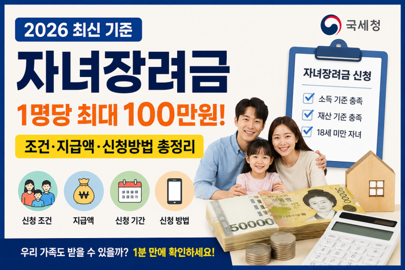 2026 자녀장려금 조건·지급액·신청방법 총정리｜자녀 1명 최대 100만원