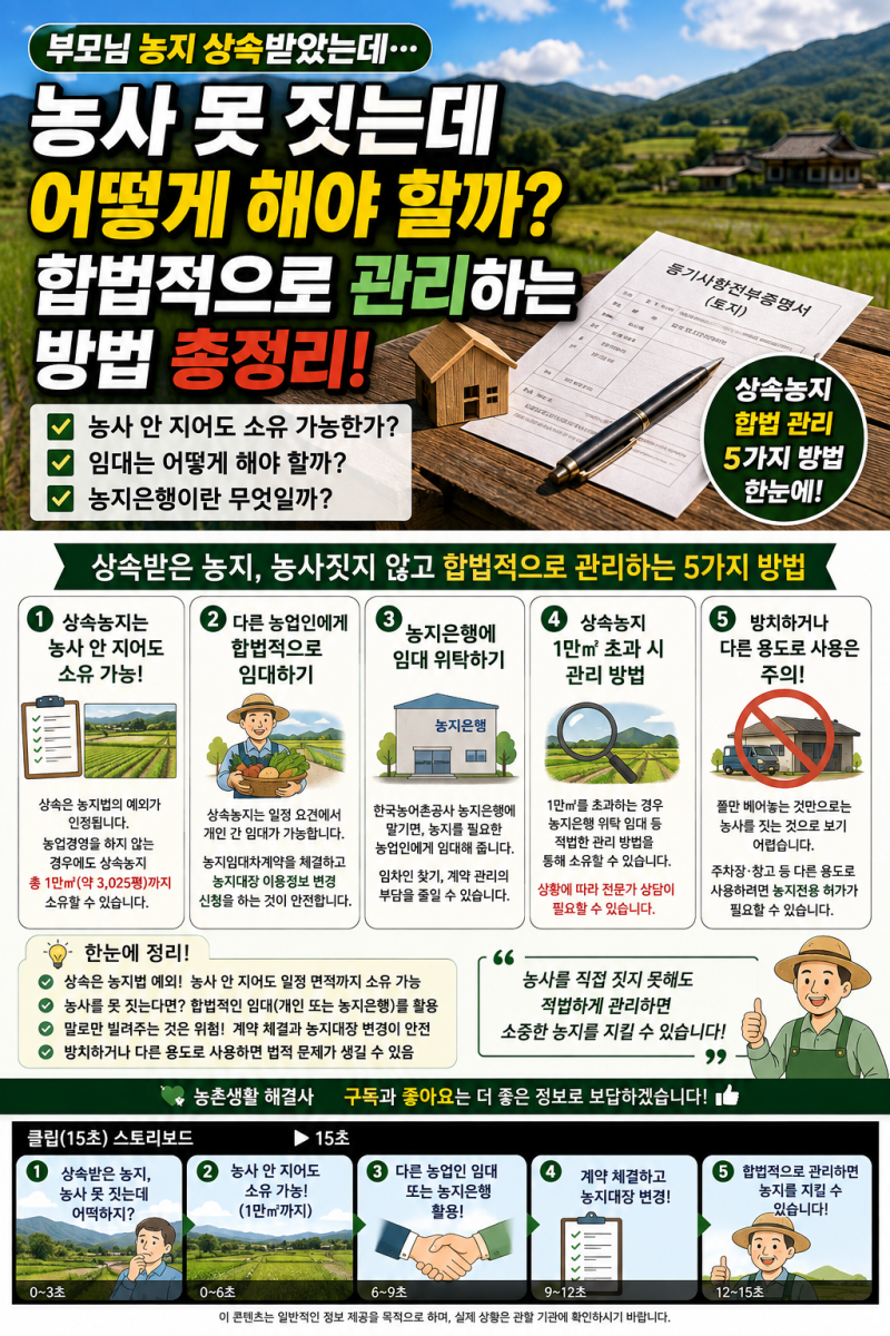 상속받은 농지, 농사 안 지어도 될까?직접 농사짓지 않고 합법적으로 관리하는 방법 총정리