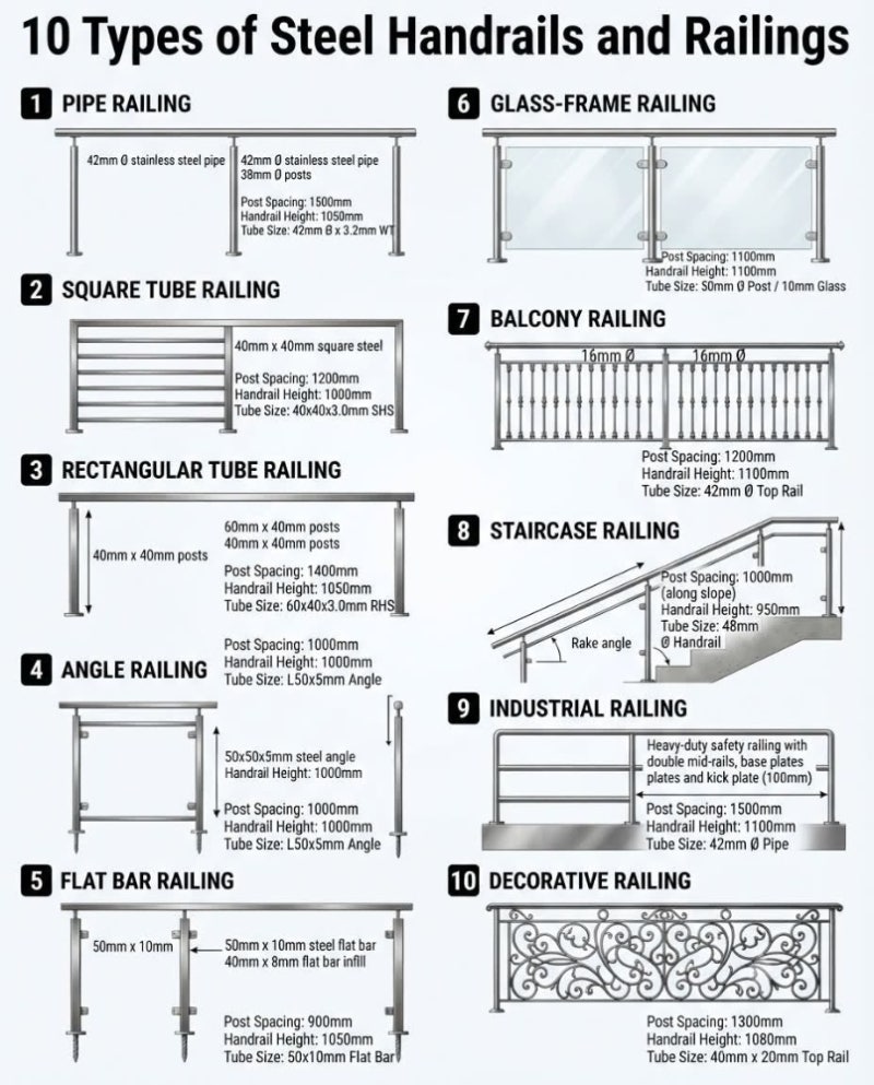 10가지 스틸 난간(Steel Handrails and Railings) 유형 및 세부 규격 정리