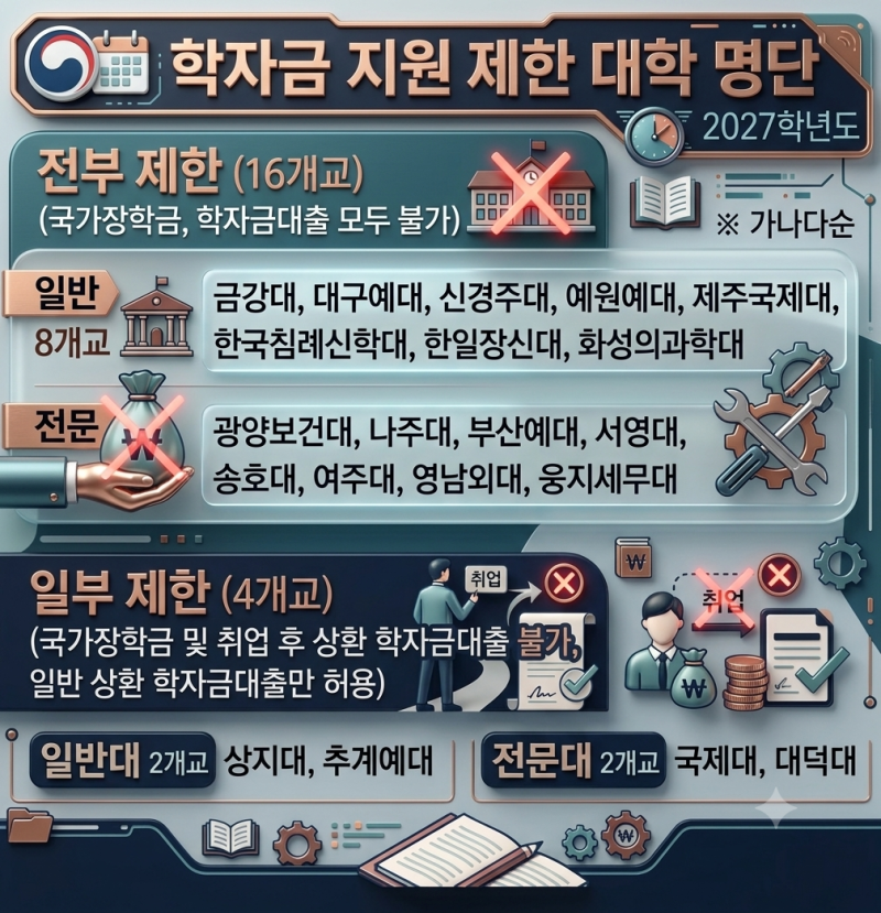 2027학년도 국가장학금·학자금대출 제한 대학 20곳 확정!