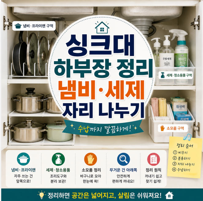 싱크대 하부장 정리, 냄비와 세제 자리 나누는 방법