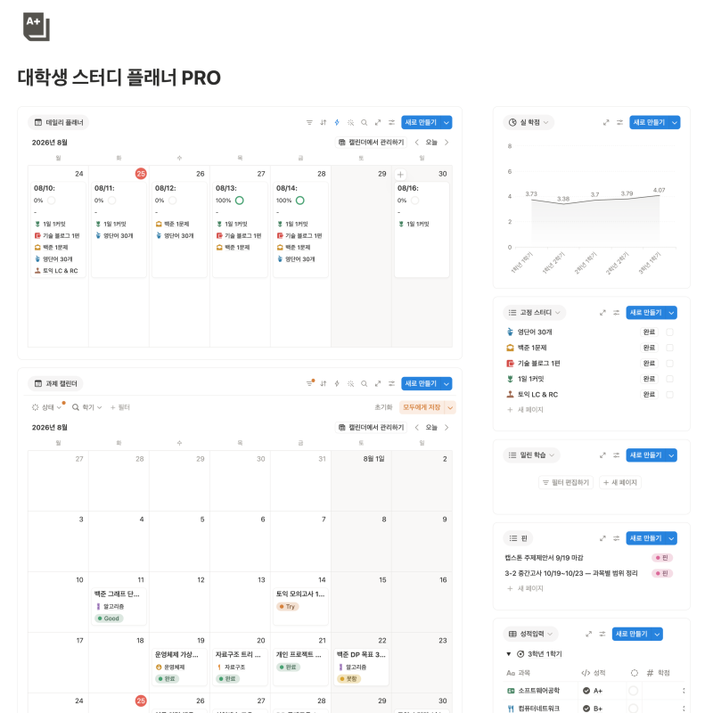 노션 스터디플래너 무료 템플릿, 개강 전 30분이면 세팅 끝
