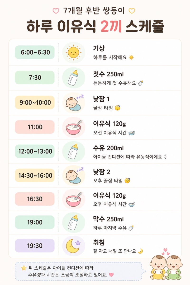 아기 이유식 2끼 언제부터?｜7개월 후반 쌍둥이 2끼 식단·스케줄