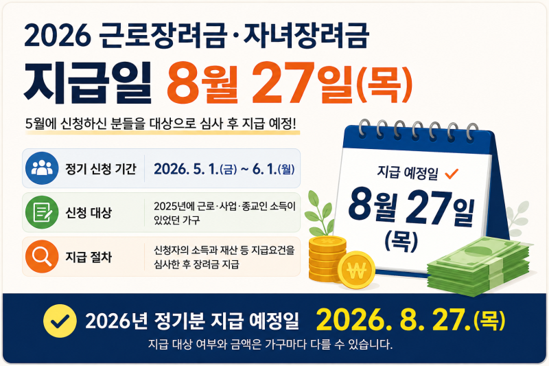 [2026 근로장려금 지급일] 8월 27일｜자녀장려금 지급일·금액 정리