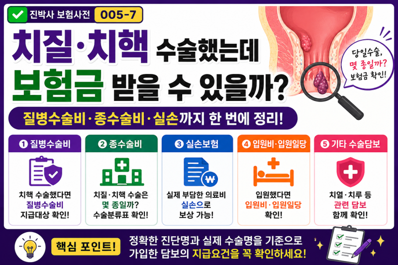 005-7 | 치질·치핵 수술했다면 보험금 받을 수 있을까? 질병수술비·종수술비·실손 정리