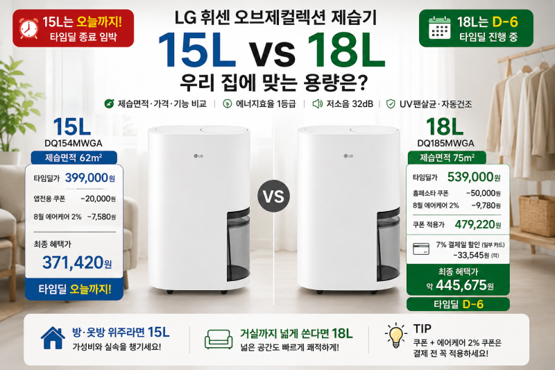 LG 제습기 15L 18L 비교, DQ154MWGA 37만원 vs DQ185MWGA 48만원 어떤 걸 살까?