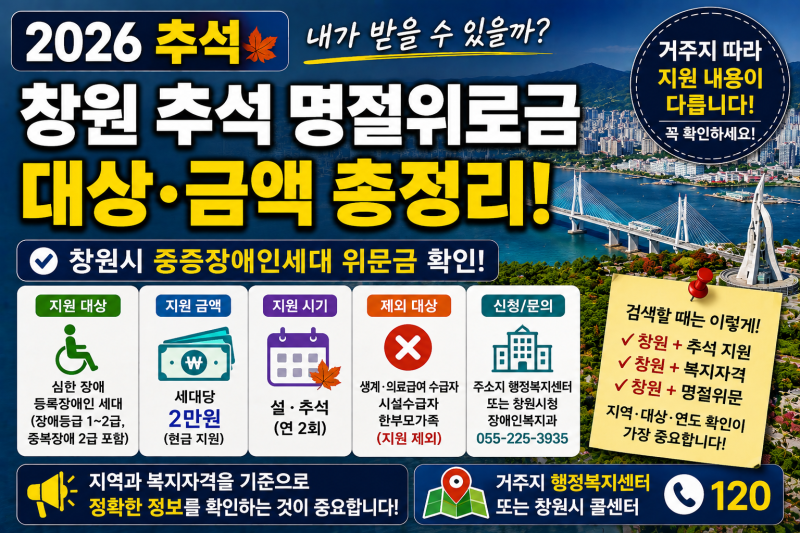 2026 창원 추석 명절위로금 | 중증장애인 세대당 2만원 지급 대상 확인