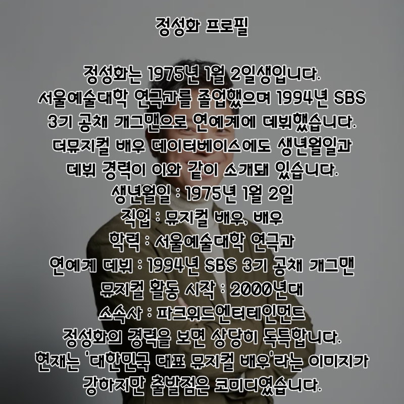 뮤지컬배우 정성화 프로필 총정리｜나이·학력·개그맨 데뷔부터 영웅·레미제라블·맨오브....