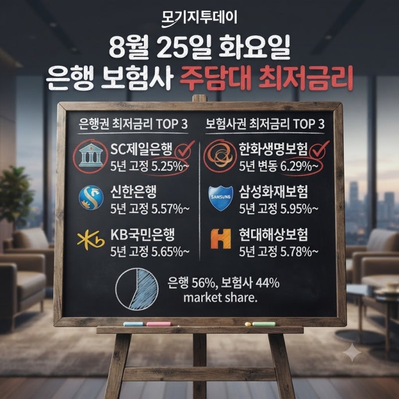 KB손해보험 주담대(주택담보대출) 금리 5.71% 등 8월 25일 은행 보험사 내집마련대출 최저 금리....