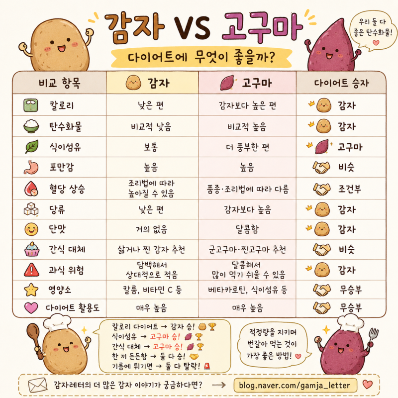 '감자 VS 고구마' 다이어트에 무엇이 좋을까? 비교표