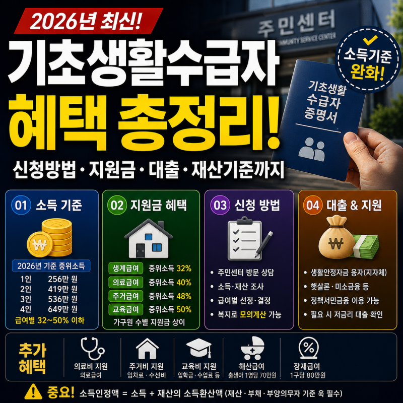 2026 기초생활수급자 혜택은? 신청부터 생계급여·주거급여 지원금, 대출과 재산기준까지