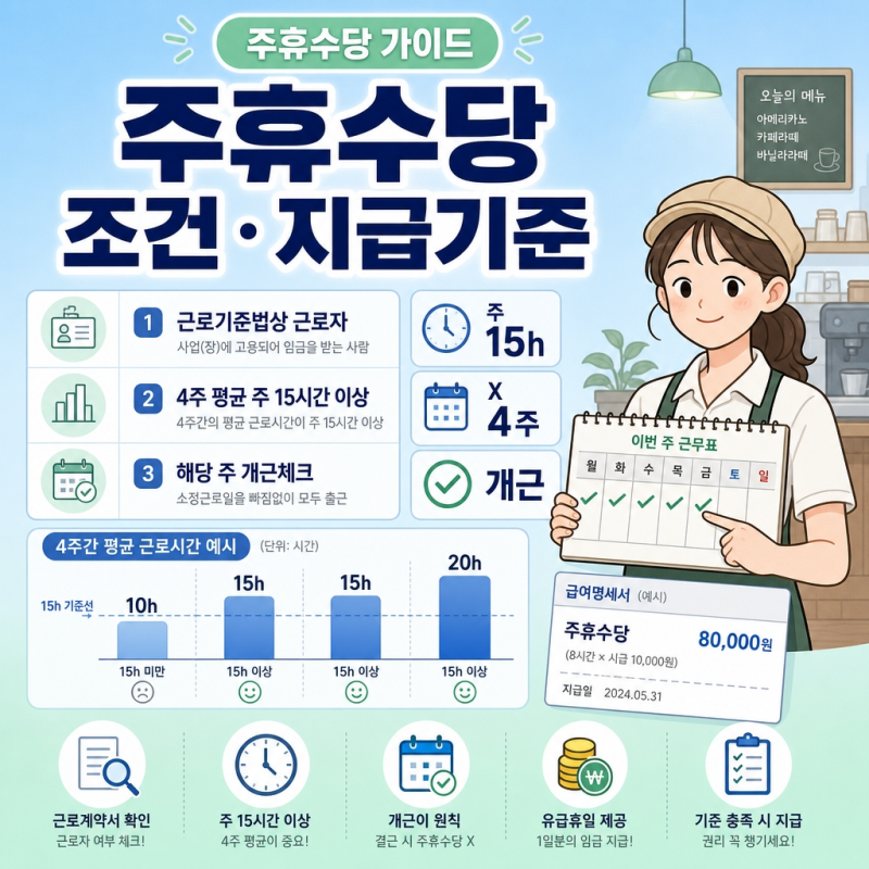 주휴수당 조건 뜻 지급 기준｜주 15시간·알바·퇴사 기준 총정리
