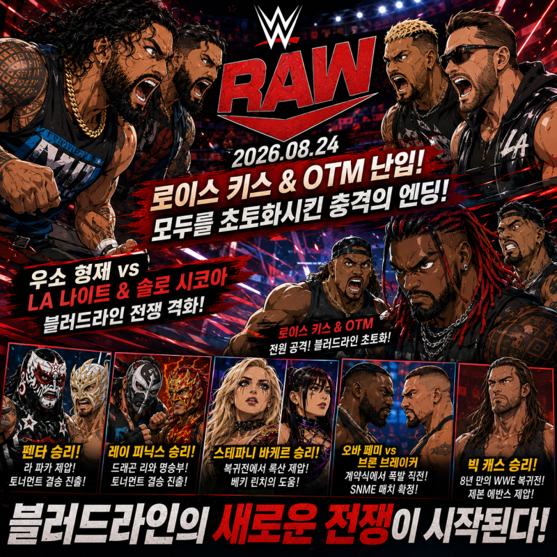 WWE RAW 8월 24일 경기 리뷰｜로이스 키스와 OTM 난입, 블러드라인 전쟁이 더 커졌다