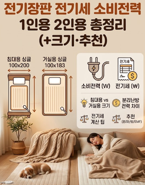 전기장판 전기세 소비전력 1인용 2인용 총정리 (+크기·추천)