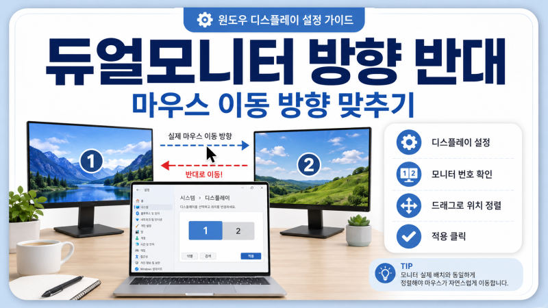 듀얼모니터 화면 위치 반대로 움직일 때, 마우스 방향 정렬하는 법