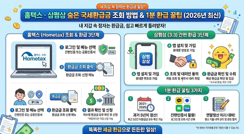 홈택스 삼쩜삼 숨은 국세환급금 조회 방법 및 1분 환급 꿀팁 (2026년 최신)