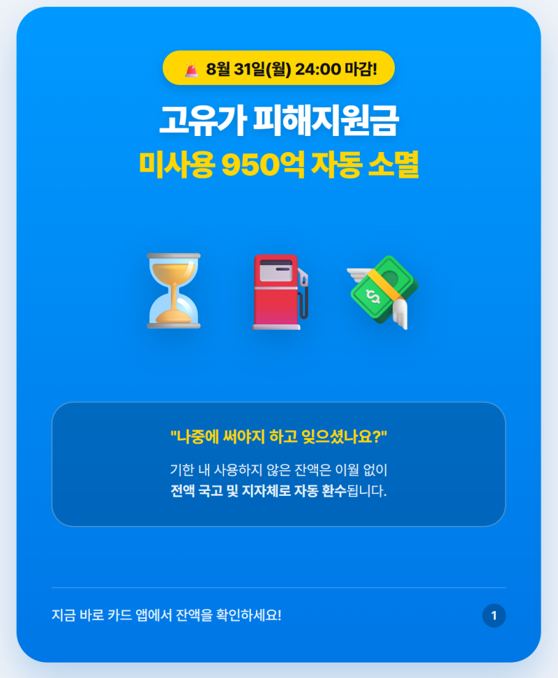 당장 잔액 확인하세요! 고유가 피해지원금 8월 31일 자정 950억 자동 소멸