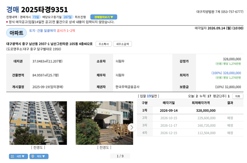 대구 중구 남산그린타운 경매 2025타경9351 3억2,800만원, 2차는 2억2,960만원 예정 사진 3