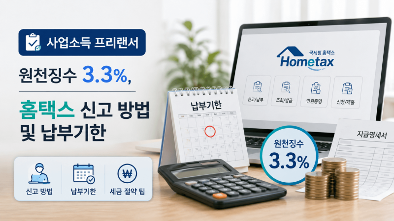 사업자 프리랜서 원천징수 3.3%, 홈택스 신고 방법 및 납부기한