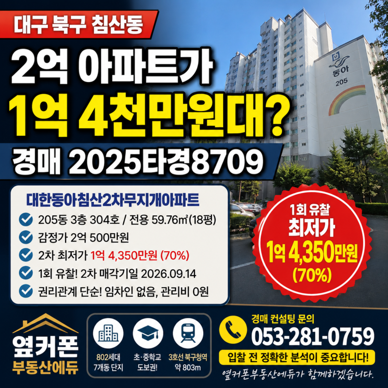 대구 북구 경매아파트 1억 4천만원대? 침산동 대한동아침산 2차무지개아파트 경매 2025타경8709 사진 2