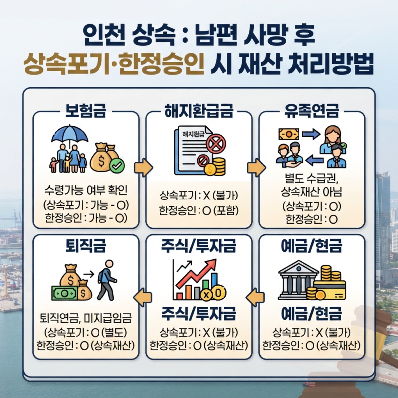 [인천 상속] 남편 사망 후 상속포기·한정승인 시 보험금·해지환급금·유족연금·퇴직금·주....