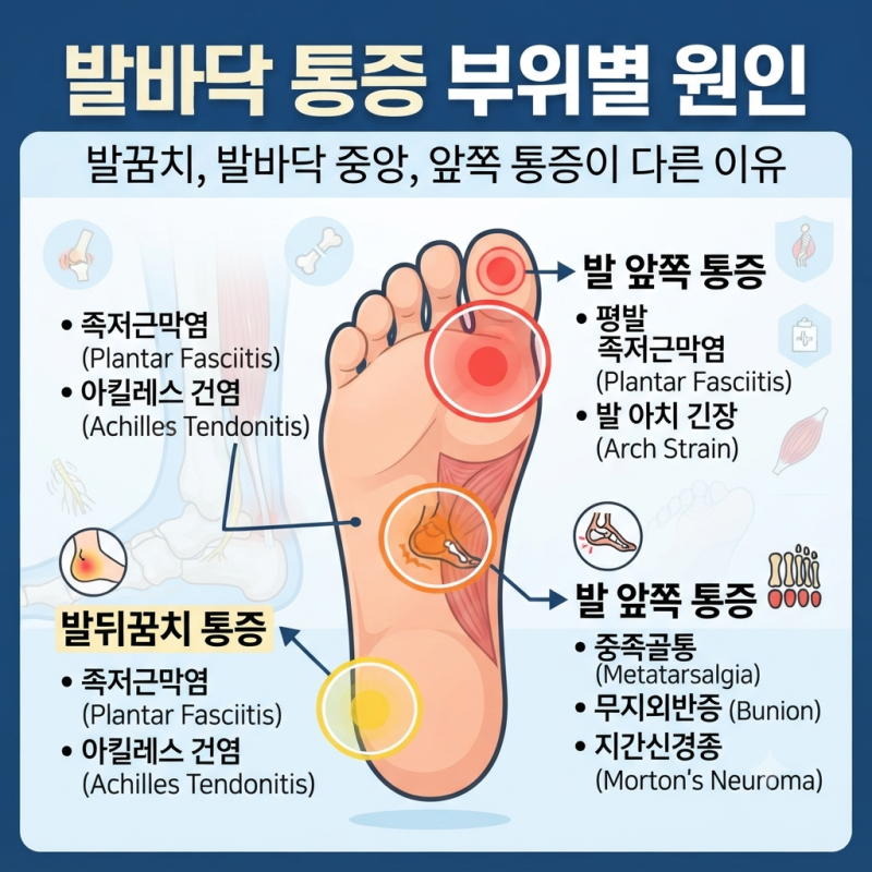 발바닥 통증 부위별 원인, 발꿈치 발바닥 중앙 앞쪽 통증이 다른 이유