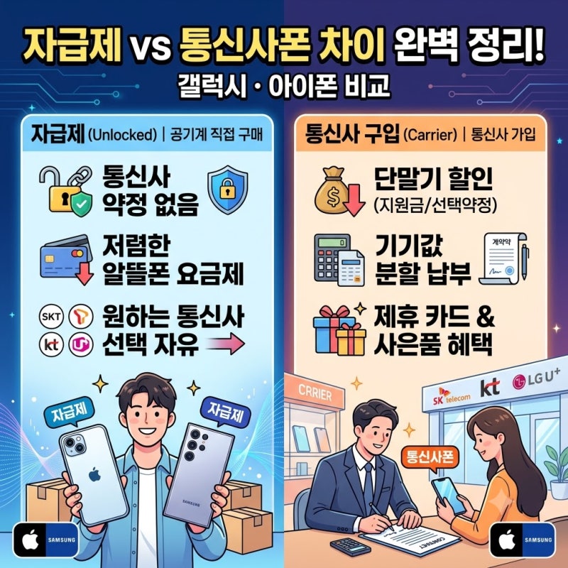 자급제 핸드폰 뜻과 차이 | 핸드폰 공기계와 통신사 구입, 뭐가 다른지 (갤럭시·아이폰)