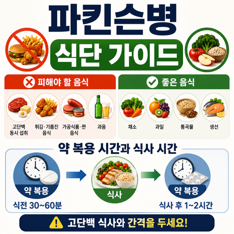 파킨슨병 환자가 피해야 할 음식｜약 복용 시간과 식사법까지 총정리 (2026)
