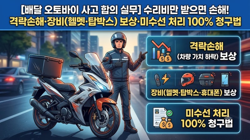 [배달 오토바이 사고 합의] 수리비만 받으면 손해! 격락손해·장비(헬멧·탑박스) 보상·미수....