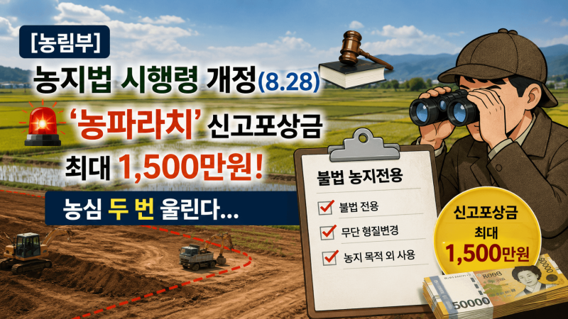 [농림부] 농지법 시행령 개정(8.28), '농파라치' 신고포상금 최대 1,500만원! 농심 두 번 울린다......