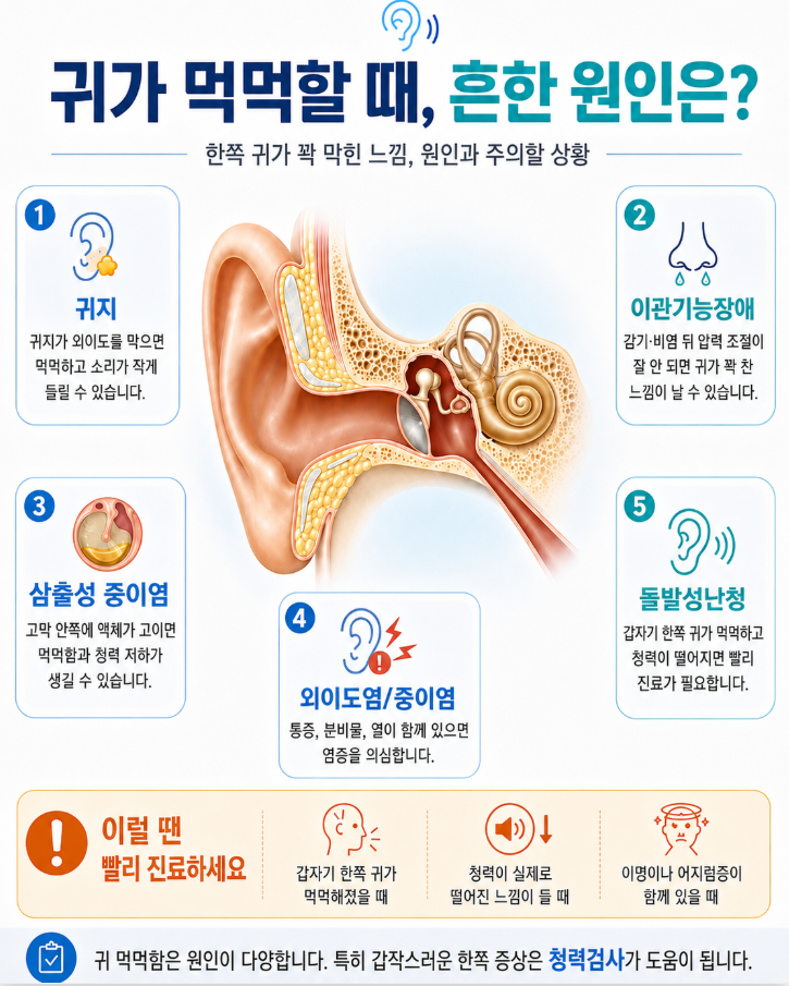 귀가 먹먹한 이유는 뭘까요? 한쪽 귀 먹먹함의 흔한 원인과 병원 가야 할 때