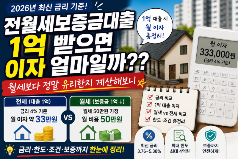 전월세보증금대출 1억 받으면 이자 얼마일까?? 월세보다 정말 유리한지 계산해보니